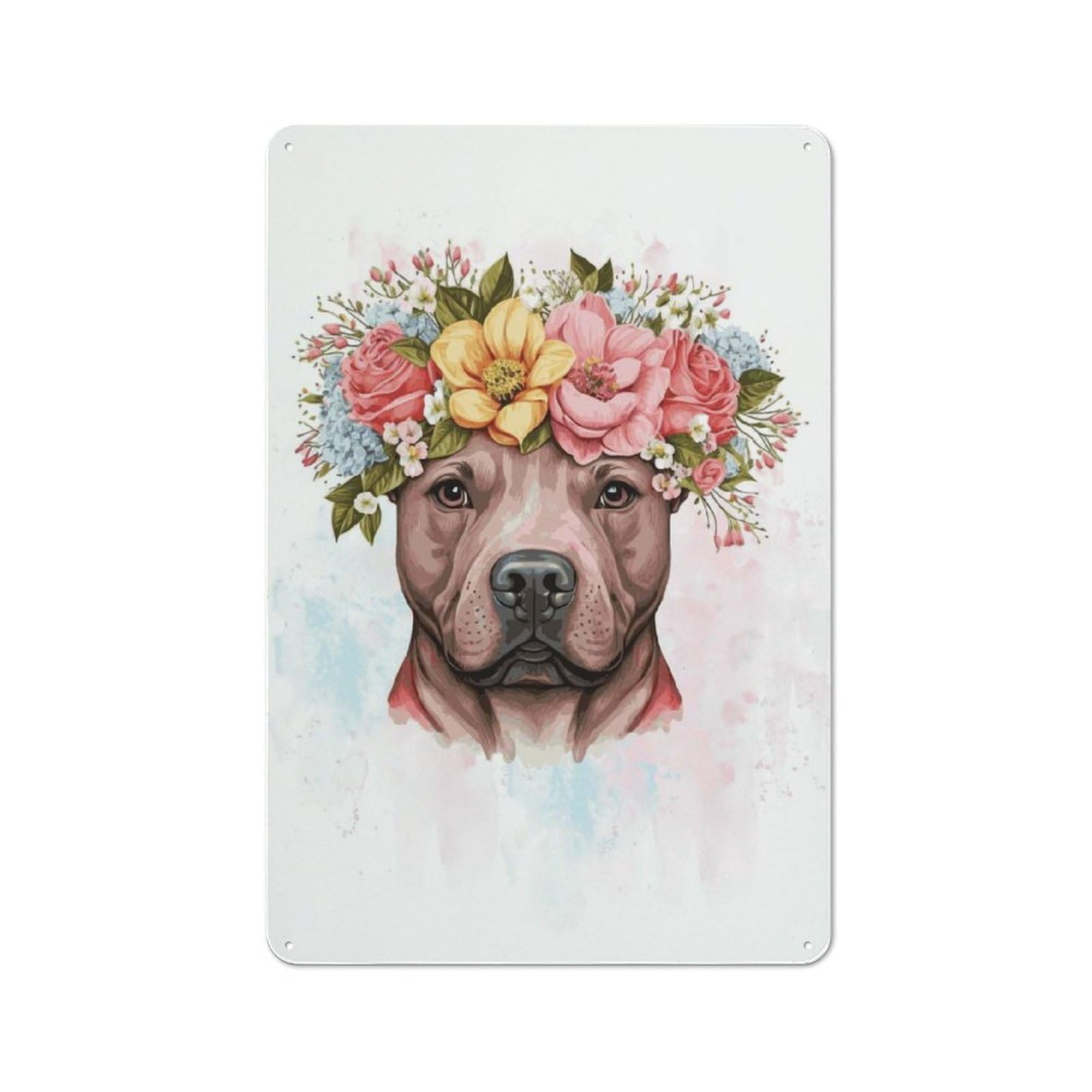 Bull Terrier Flower Art Vintage Tin Sign 30x20cm, Rustic Bistro Wall Plaque for Kitchen, Cafe, Pantry Or Dining Room