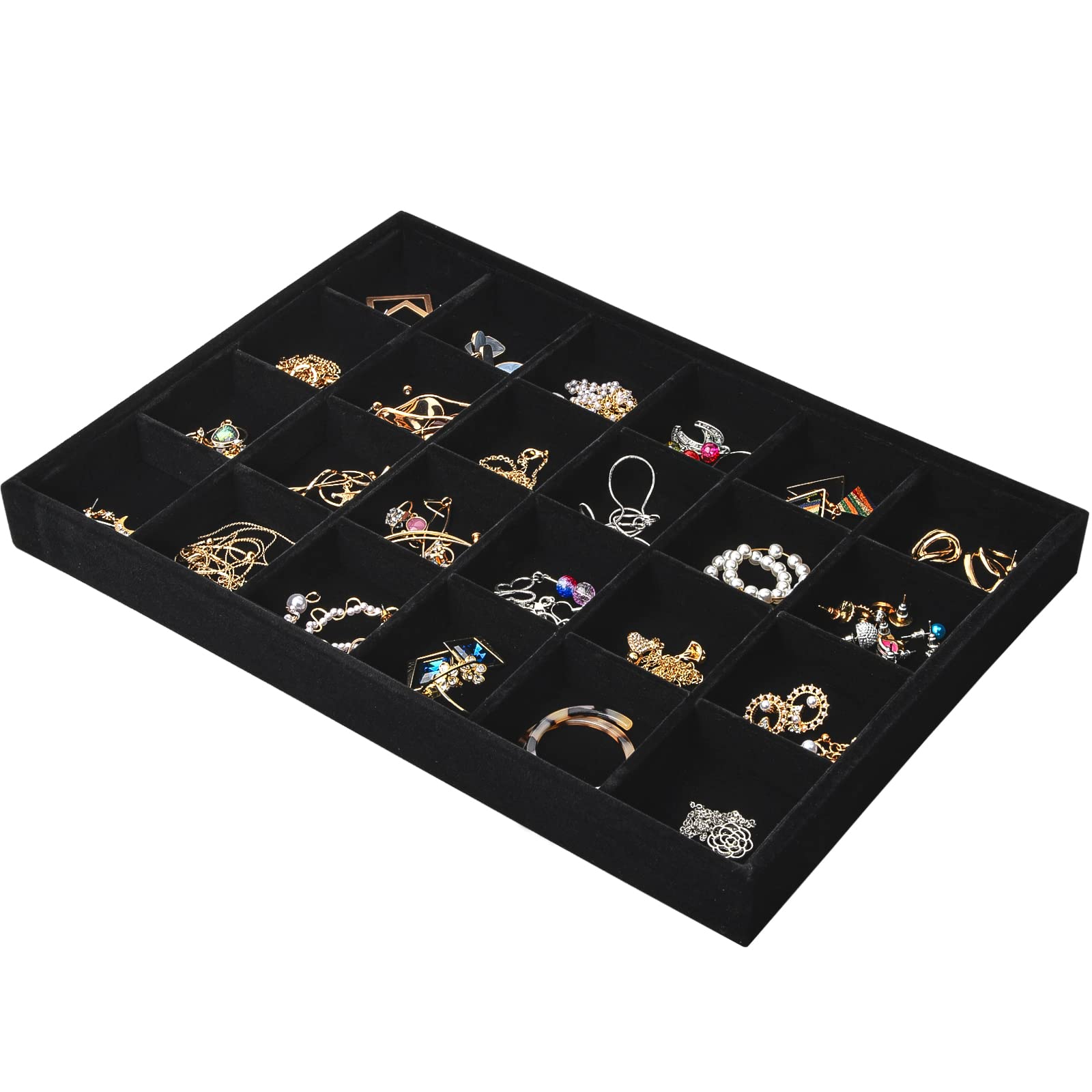 Catime Black 24 Grids Velvet Jewellery Tray For Drawers, Stackable Jewelry Storage Tray Organiser, Removable Jewelry Display Trays For Ring Bracelet Earring Necklace, 35X24x3cm (Black)