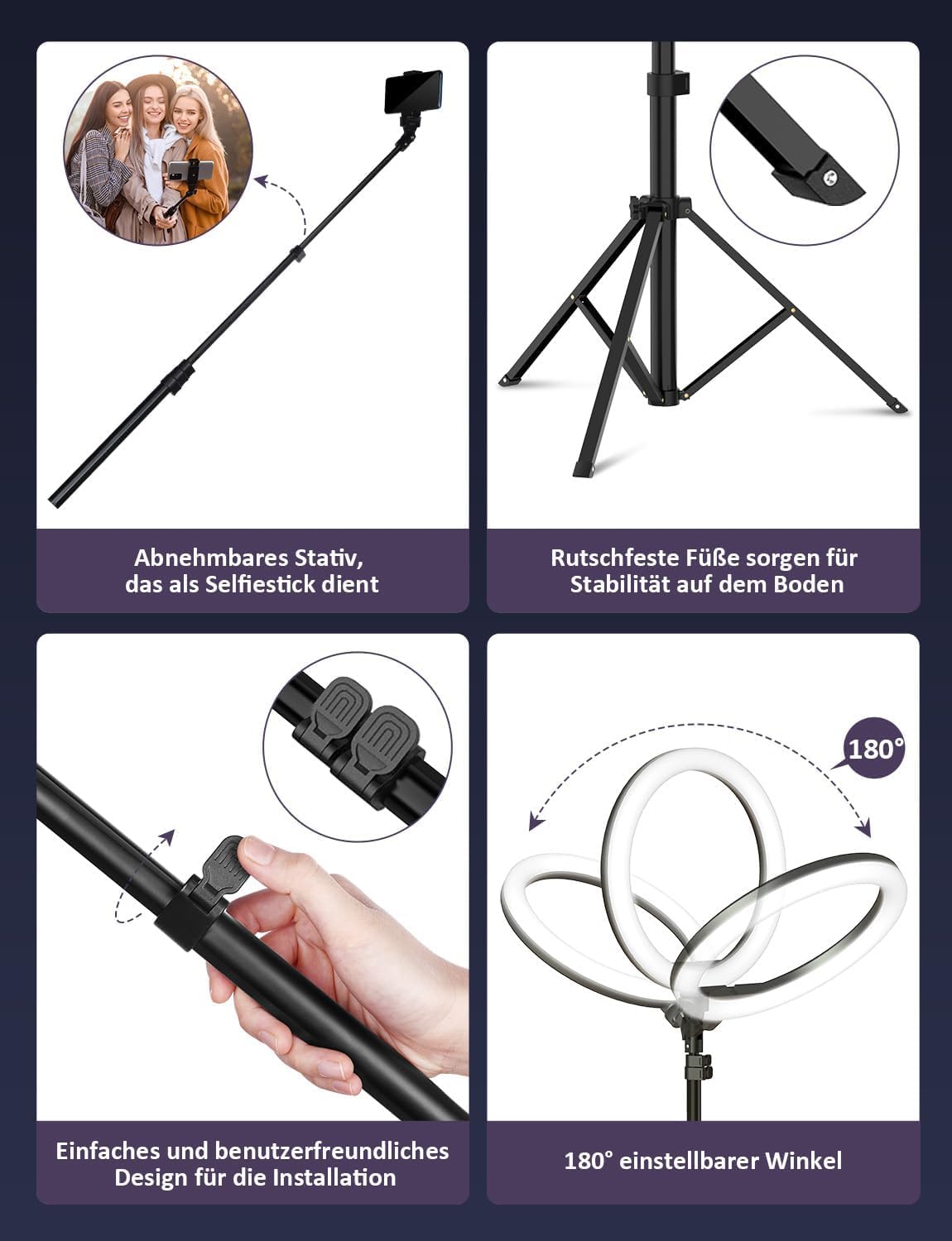 YOHOOLYO Ringlicht mit Stativ 12 Zoll Selfie Licht mit 163cm Aluminium-Dreibein 3 Lichtfarben und 10 Helligkeitsstufen fur Tiktok Selfie/YouTube Video/Make-up/Fotografie/Vlog