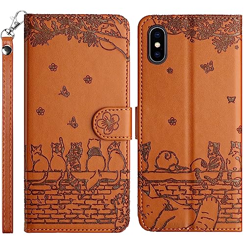 Cover per iPhone XS Max 6.5 Pollici Custodia in PU Pelle Portafoglio Flip Chiusura Magnetica Antiurto Funzione Scomparti con Slot Schede per XS Max 6.5 Marrone