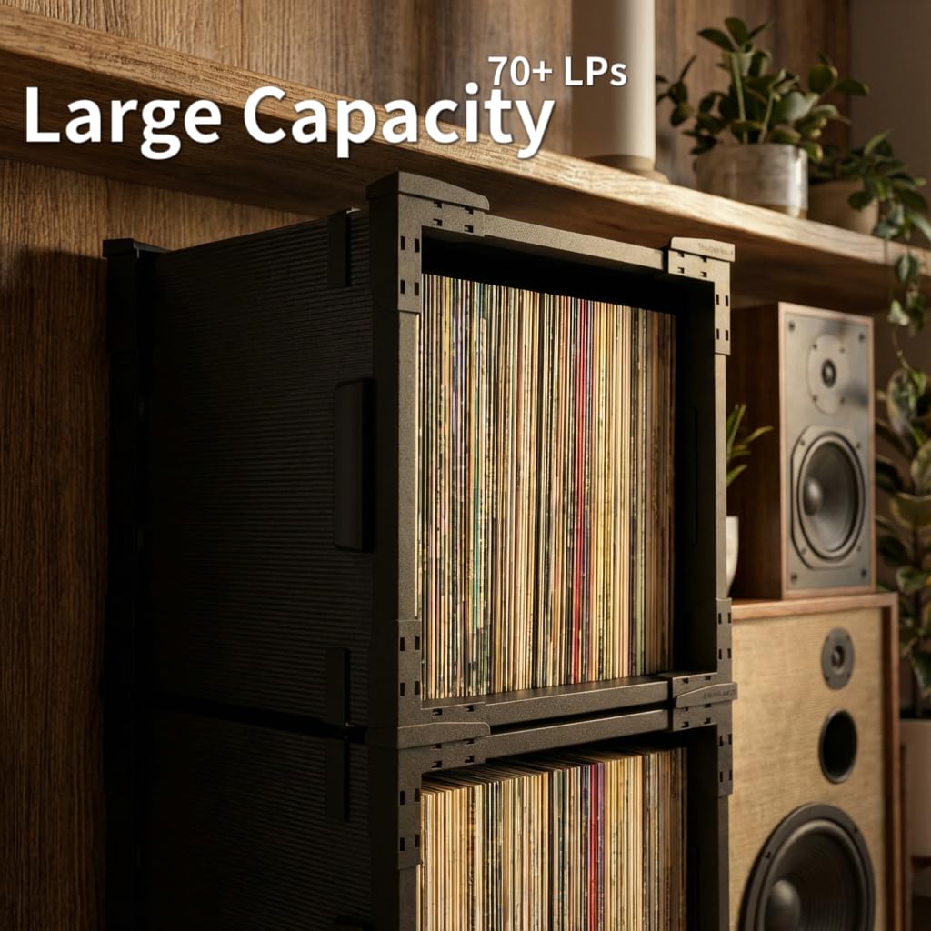HumminGuru FlexiCube Caja para Guardar Discos de Vinilo Organizador Apilable 12 Pulgadas 70 LP Estante Modular Plegable (3 cubos)