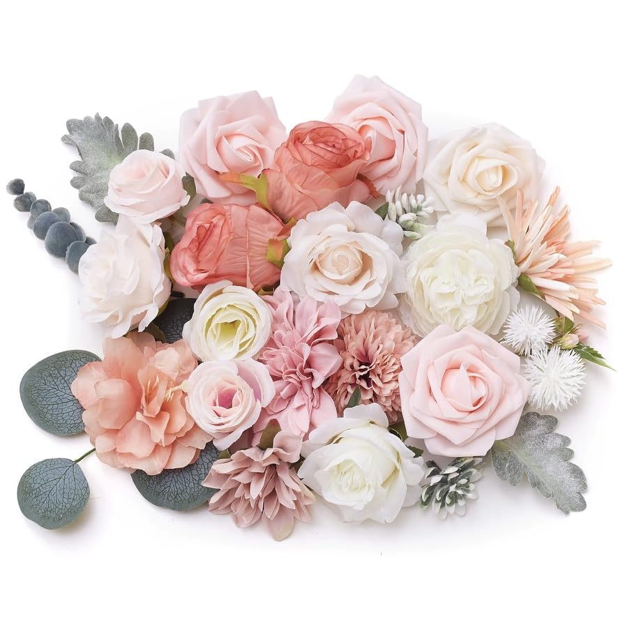 The Baked Studio - Artificial Silk Flower Heads & Foilage For Cake Decorating, Weddings & Crafts (Cream, Pink & Peach)