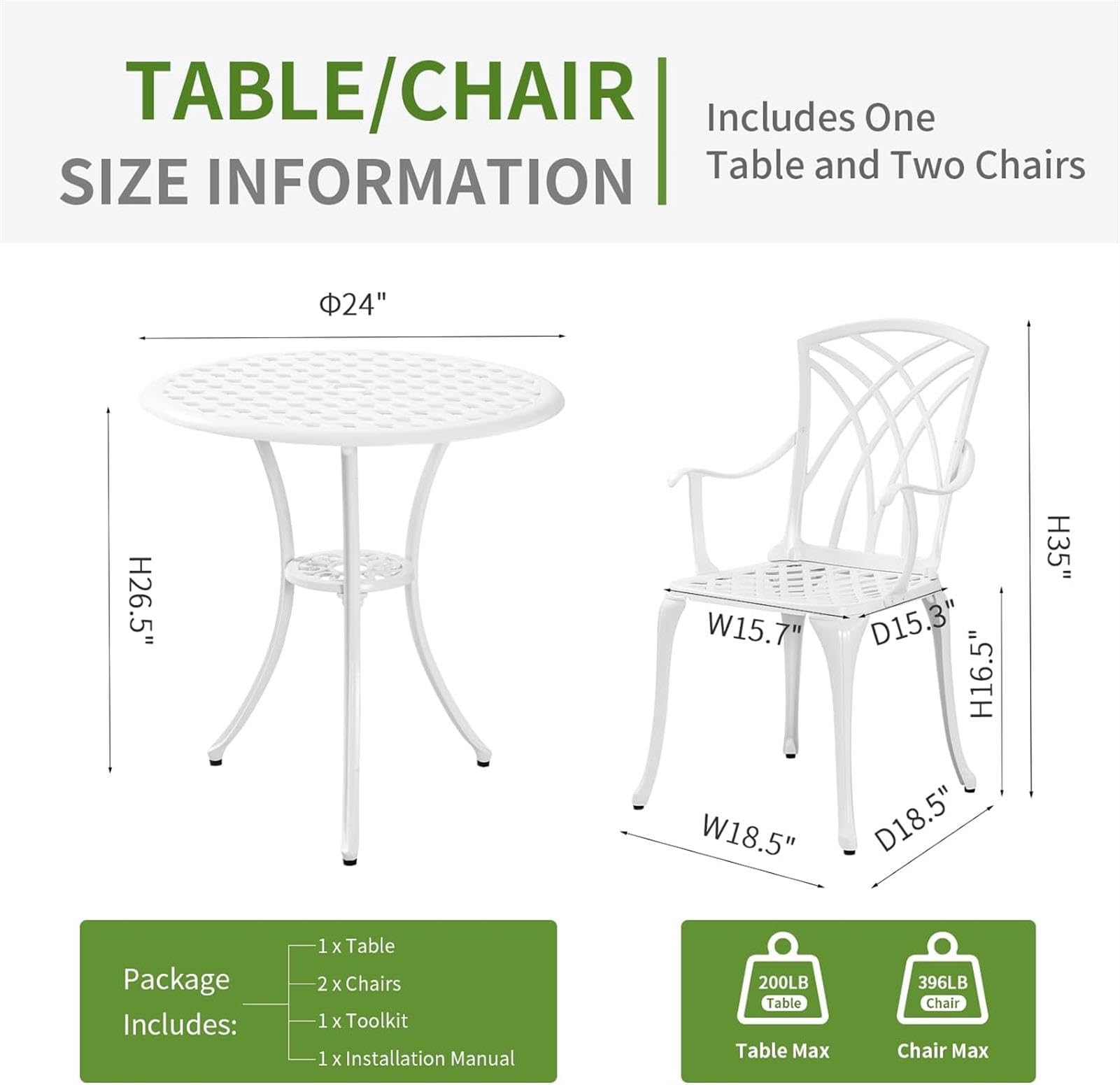 Set da bistrot da esterno in alluminio pressofuso con tavolo e sedie, set da 3 pezzi per giardino o portico anteriore, elegante e durevole