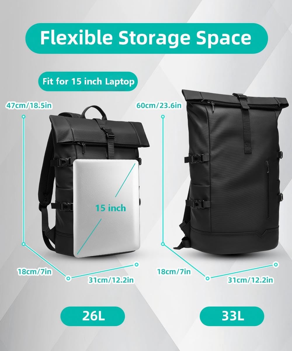 Wasserdichter Rolltop Rucksack 33L für Damen & Herren 15 Zoll Laptop Rucksack Schwarz