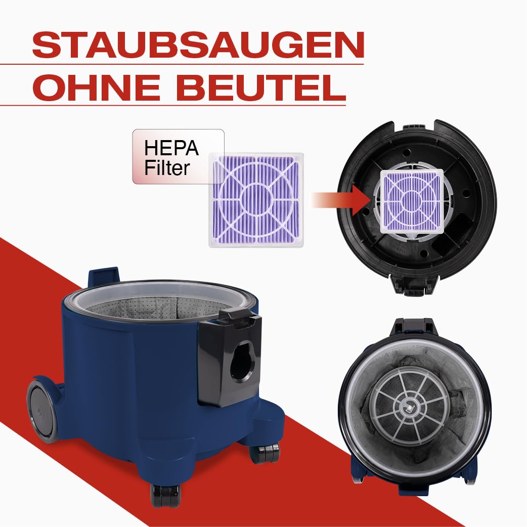 HITACHI Staubsauger CV-400 PRO mit HEPA Filter 7,5L, Beutellos - Profi Bodenstaubsauger 880W, leise 74 dB, 13m Radius, Teppichdüse & Zubehör, Gewerbesauger für Haushalt & Industrie (Dunkelblau)