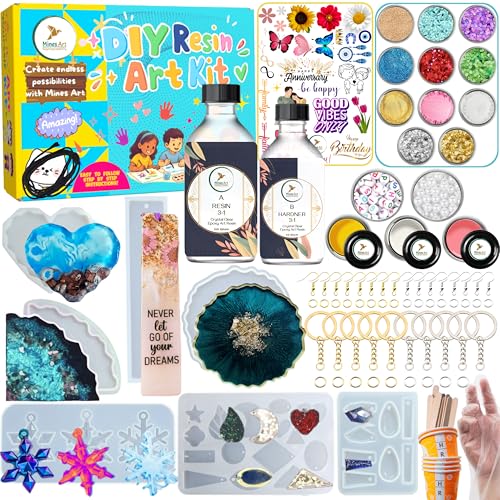 Image of Mines Art Resin Art Kit 115 Pcs Pro DIY Resin Art Kit with Moulds Complete Crafting Kit with 200g Epoxy, 7 Moulds, Glitter, Pigments, Mica, Tools and Accessories for Keychains, Coasters, Earrings, Bookmarks & More - (MRA- 111)