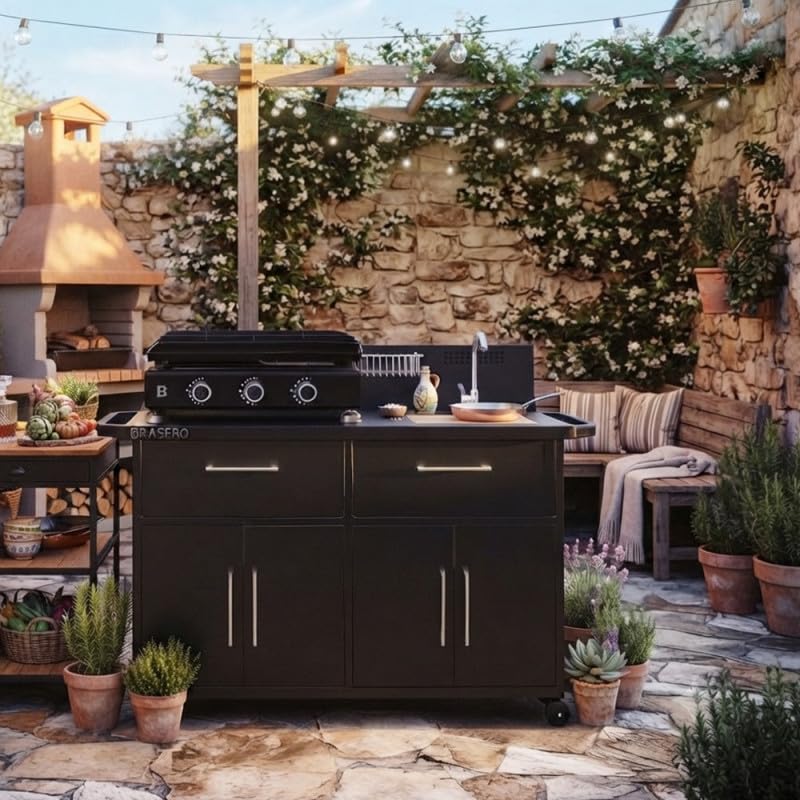 BRASERO by FAVEX – Station Pro Cuisine d'extérieur pour plancha 2 à 3 Feux – Évier INOX intégré – Planche à découper – 155 x 55 x 113 cm