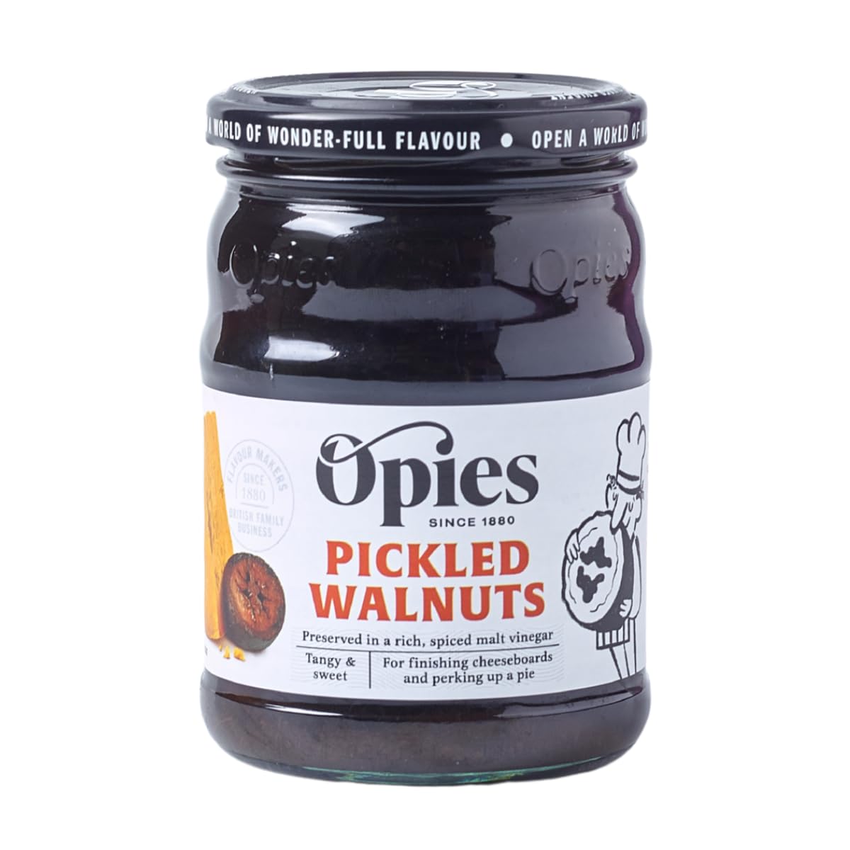 Opies Pickled Walnuts in Malt Vinegar, 390g - Tangy Sweet Pickles for Cheese Boards, Cooked Meat, Charcuterie, Savoury Pies and Fresh Salads.
