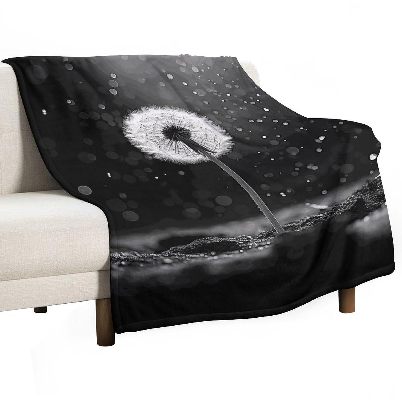 Couverture en flanelle motif pissenlit noir et blanc 152x203 cm pour lit et canapé
