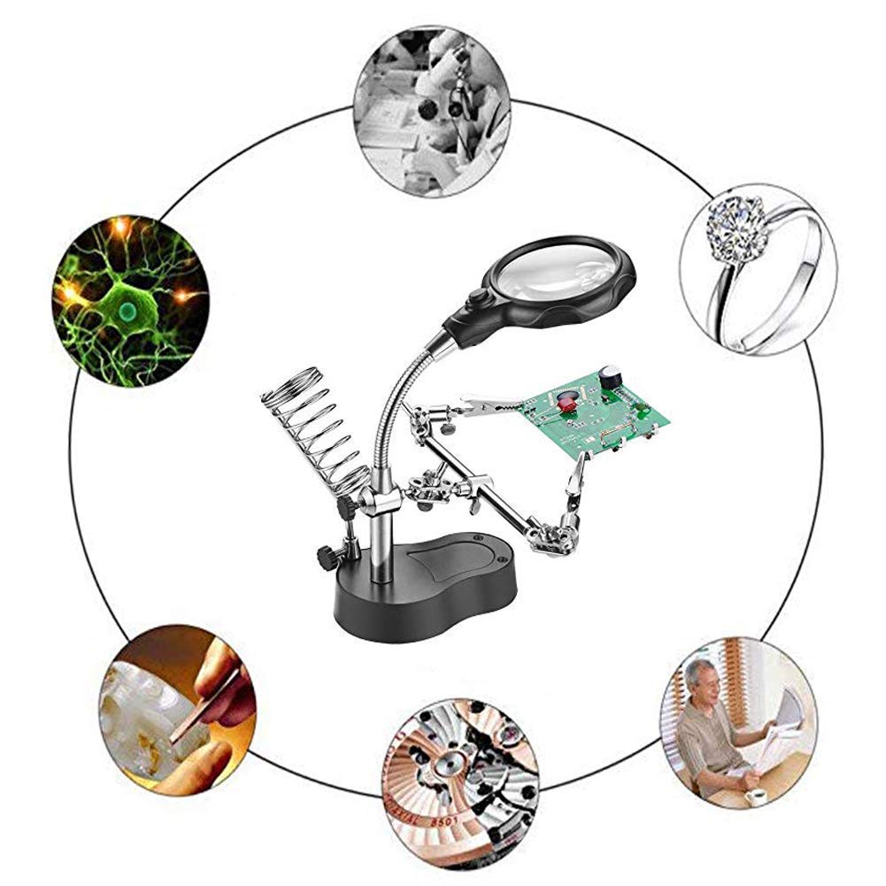 Lupa Hobby con luz Helping Hands Station con luz LED - Lupa 4X Gratis Soporte con Abrazadera y Pinzas de cocodrilo - para Soldadura, ensamblaje, reparación, modelismo, Hobby G