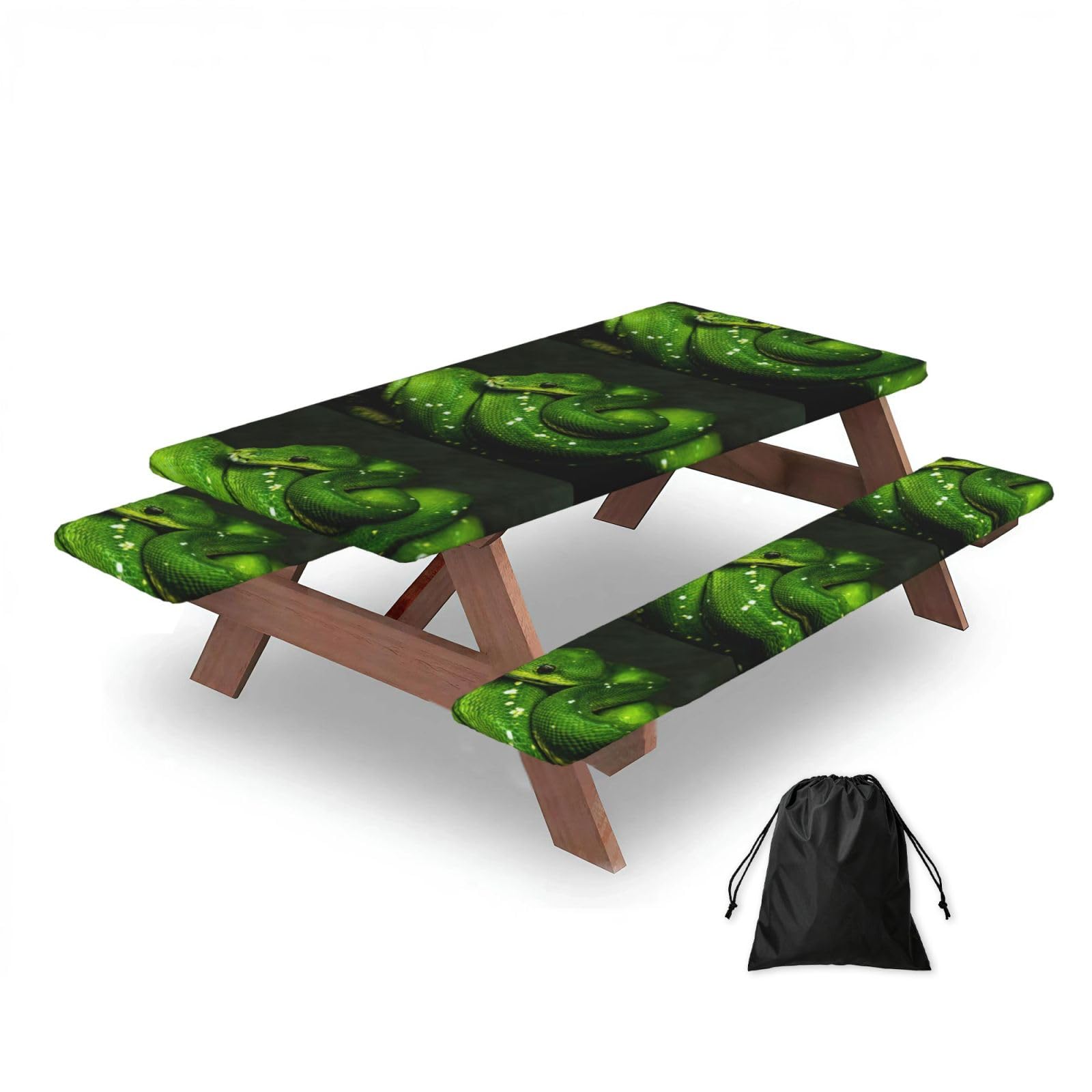 Snake Green Reptile, Picnic Table Cover With Bench Covers -Waterproof Elastic Fitted Tablecloth for Garden Camping Patio 76x152cm