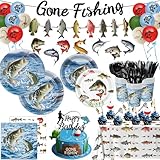 178PCS Fishing Birthday Party Decorations Includes Plates, Napkins, Cups, Cutlery, Tablecloth, Cake & Cupcake Toppers, Banner, Hanging Swirls, Balloons for Fishing Party Decorations, Serve 20