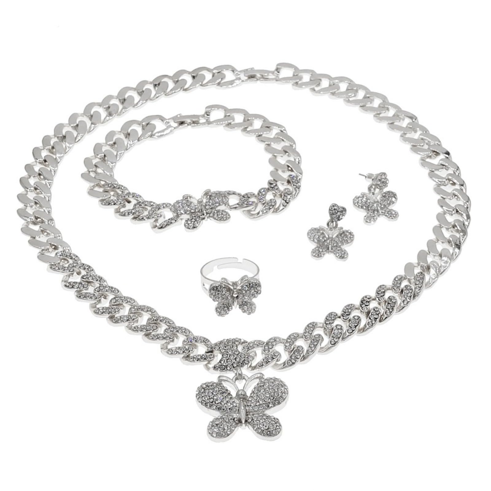 4 pcs Sparkling Crystal Bridesmaid Brides Bijoux Bijoux pour Femmes Collier Boucles d'oreilles Ring Adjustable Women's Wedding Part
