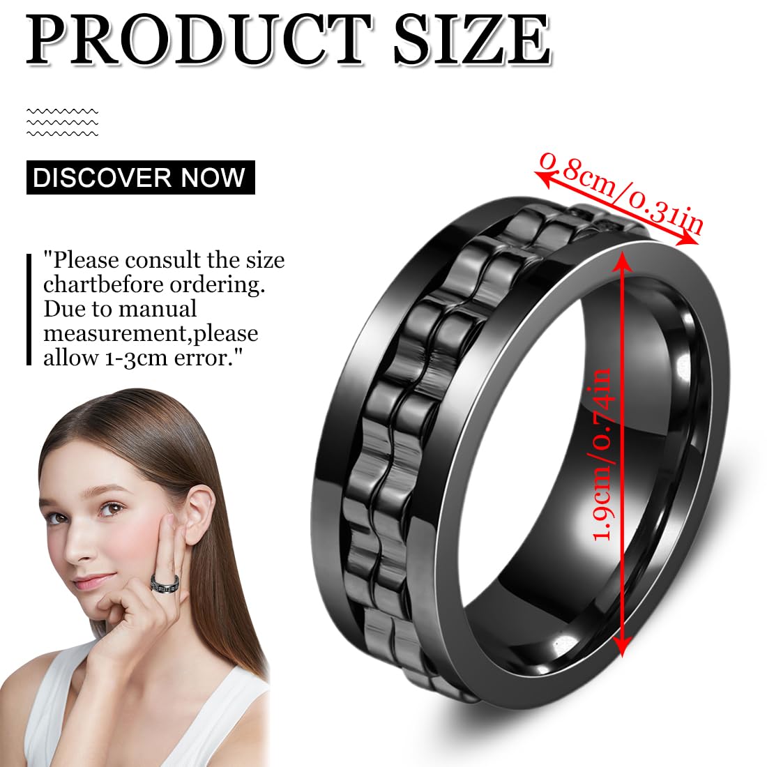 Fidget, anello antistress e anti-ansia, catena a forma di collegamento, set di anelli in acciaio inox, accessori alla moda, regalo per uomini e donne, per uomini e donne, larghezza 8 mm