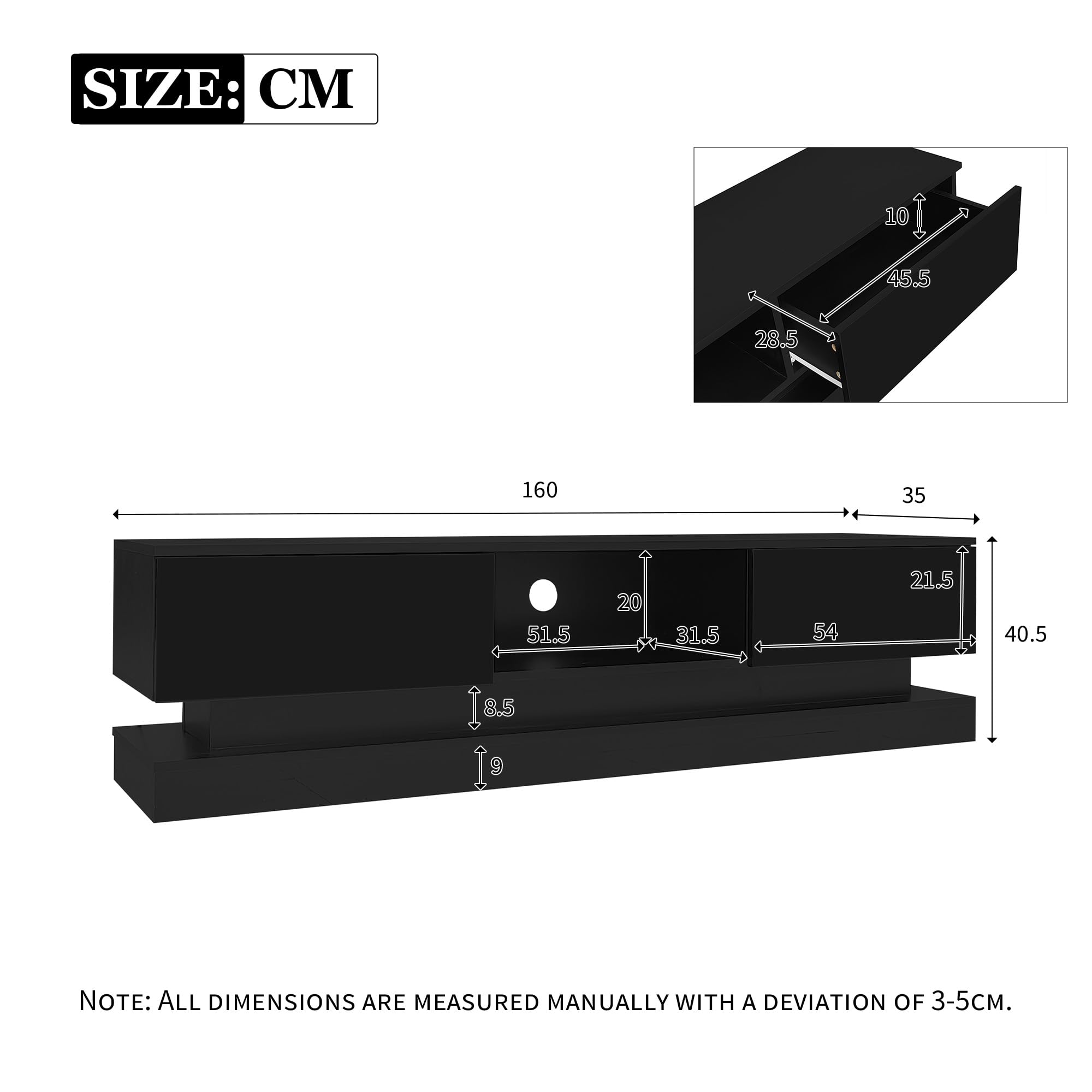 OKMYHOME - Mueble de TV con LED y 2 cajones, frontal brillante, panel de partículas, 160 x 35 x 40,5 cm, color negro