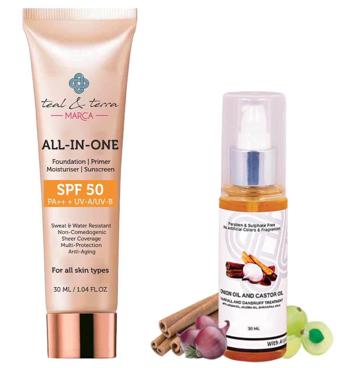 Teal & Terra Skincare and Haircare Combo - Daily Sun Screen with Oily & Acne Prone Skin 30g SPF 50 | Water Resistant | All-in-One| Foundation, Primer, Moisturizer | + Pure Onion & Castor Hair Oil 30ml | Hair Growth & Hair Fall Control, Dandruff Treatment & Shining | Paraben-Free, Sulfate-Free | Natural and Organic Ingredients | Suitable for All Skin and Hair Types-image-38