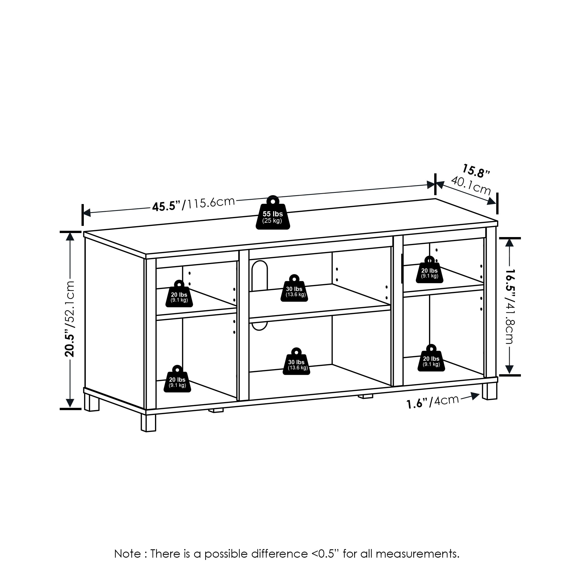 Furinno Classic Meuble TV, Centre Multimédia, Console TV pour Téléviseurs Jusqu'À 55 Pouces avec Étagères, pour Salon, Chambre, Style Américain