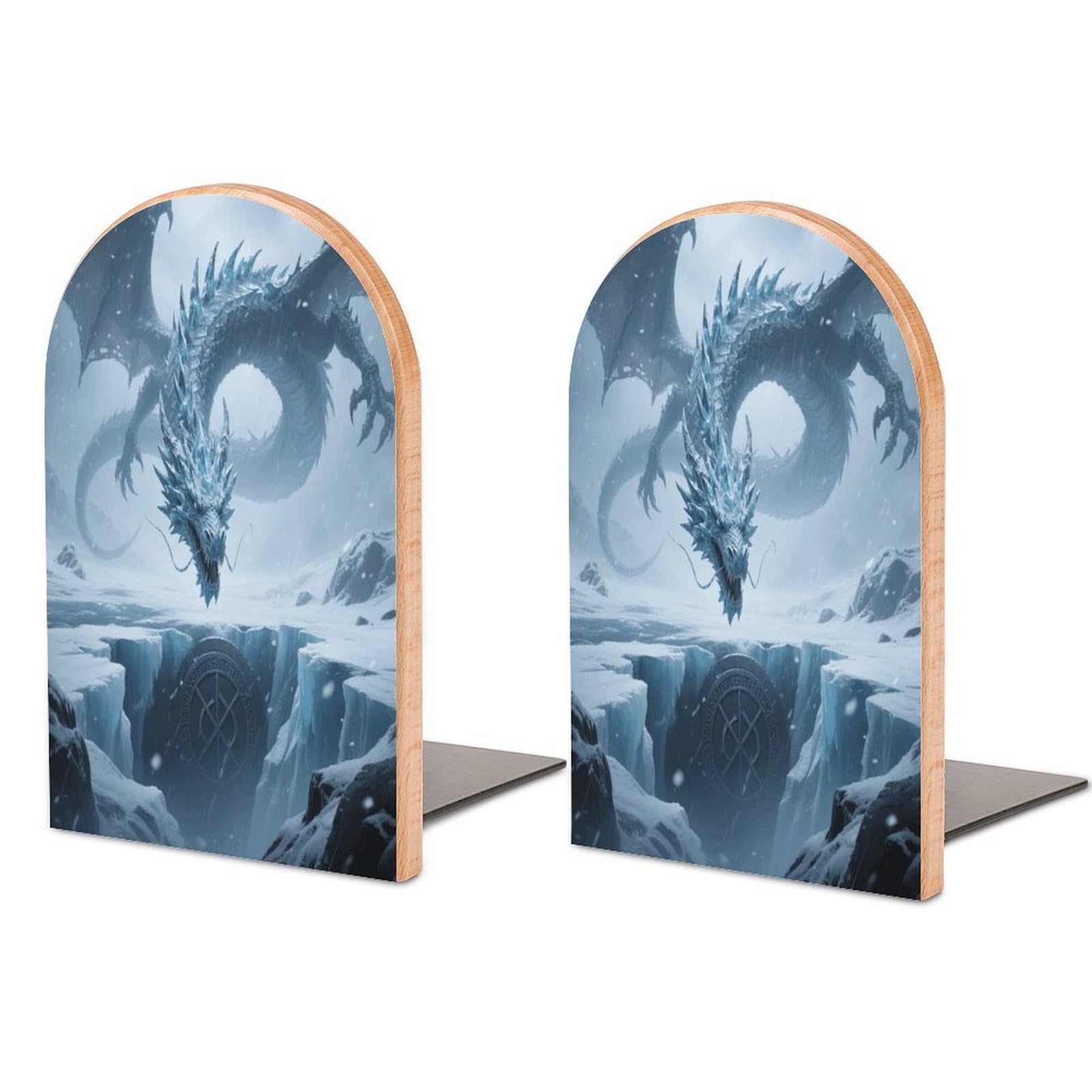 Ice Dragon Bookend for Shelves Decorative 1 Pair Modern Wood Book End Universal Economy Bookend with Metal Base Heavy Duty Non-Slip Book Organizer for Home Office