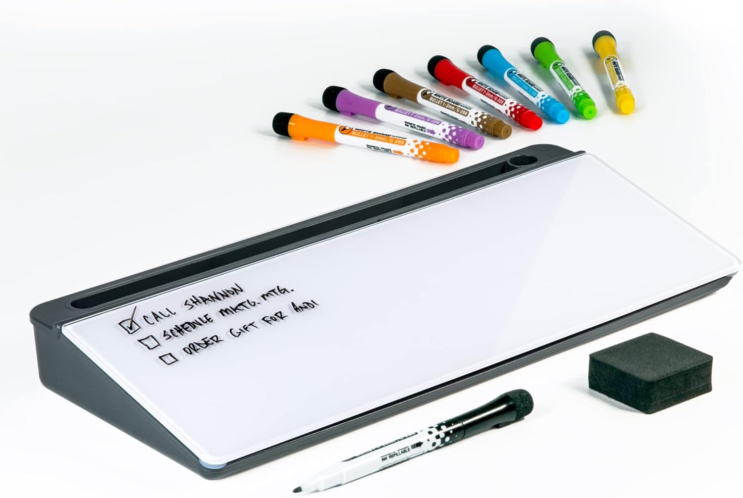Glassboard Studio Glass Dry Erase Doodle Tray for Desktop Office Supply Storage - Marker and Eraser Included (8 Markers, White)