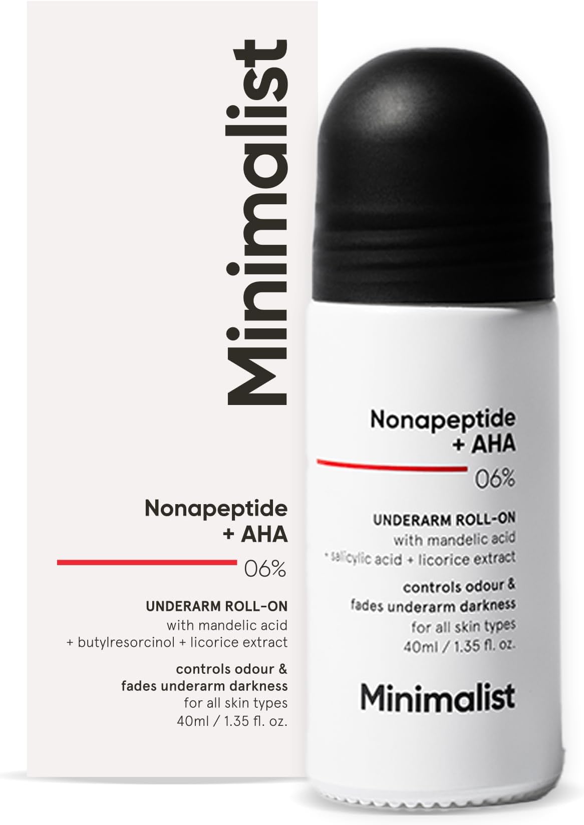 Underarm Roll On Deodorant with Nonapeptide + AHA BHA 06% | Controls Odour & Fades Darkness | Fragrance & Aluminium Free | Exfoliating Deo For Women & Men | 40ml