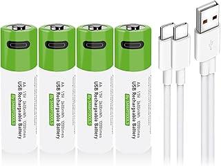 Pilas recargables USB AA de iones de litio, 1,5 V, 2600 mWh, pilas AA recargables, 1 h de carga rápida, 1200 ciclos con cable de carga tipo C, protección contra sobrecarga, 4 unidades