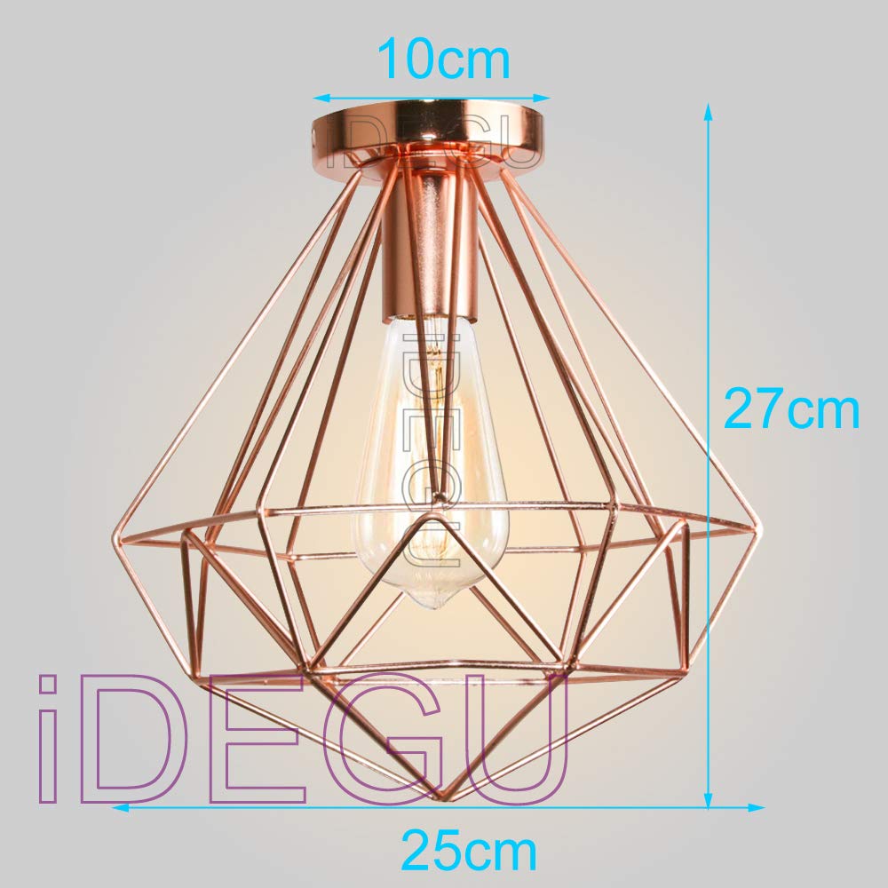 iDEGU Lampadario Moderno 25cm Lampada a Sospensione Retrò Paralume di Gabbia Diamante in Metallo Vintage Illuminazione E27 Lampadario da Soffitto per Camera da Letto Soggiorno Cucina (Oro Rosa