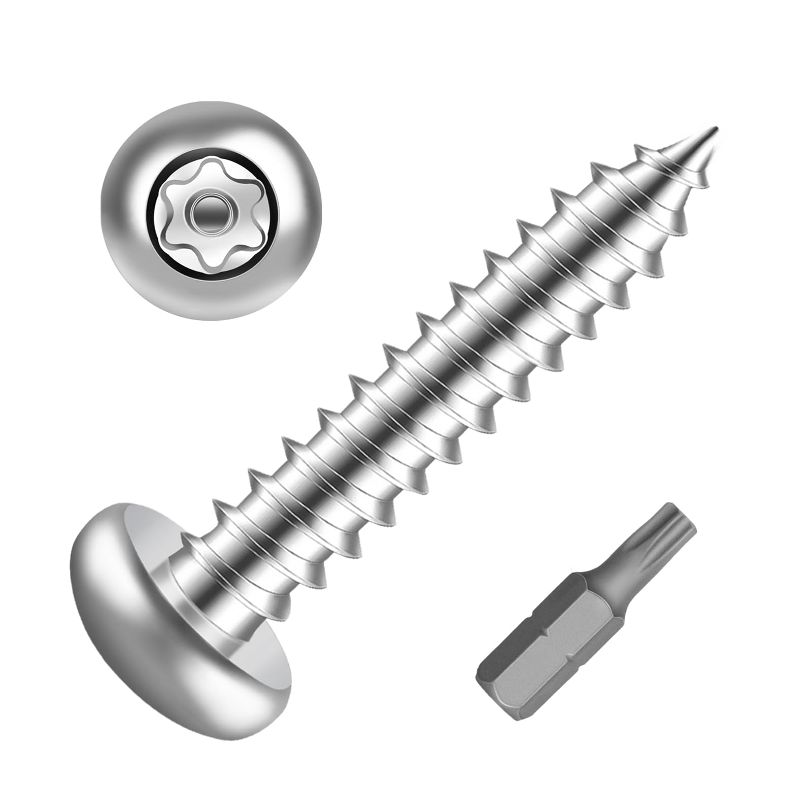 MewuDecor #6 x 3/4" Stainless Steel Button Head Torx Sheet Metal Screws Security Silver Screws Anti-Theft Tamper Proof with Bit T15 50 PCS
