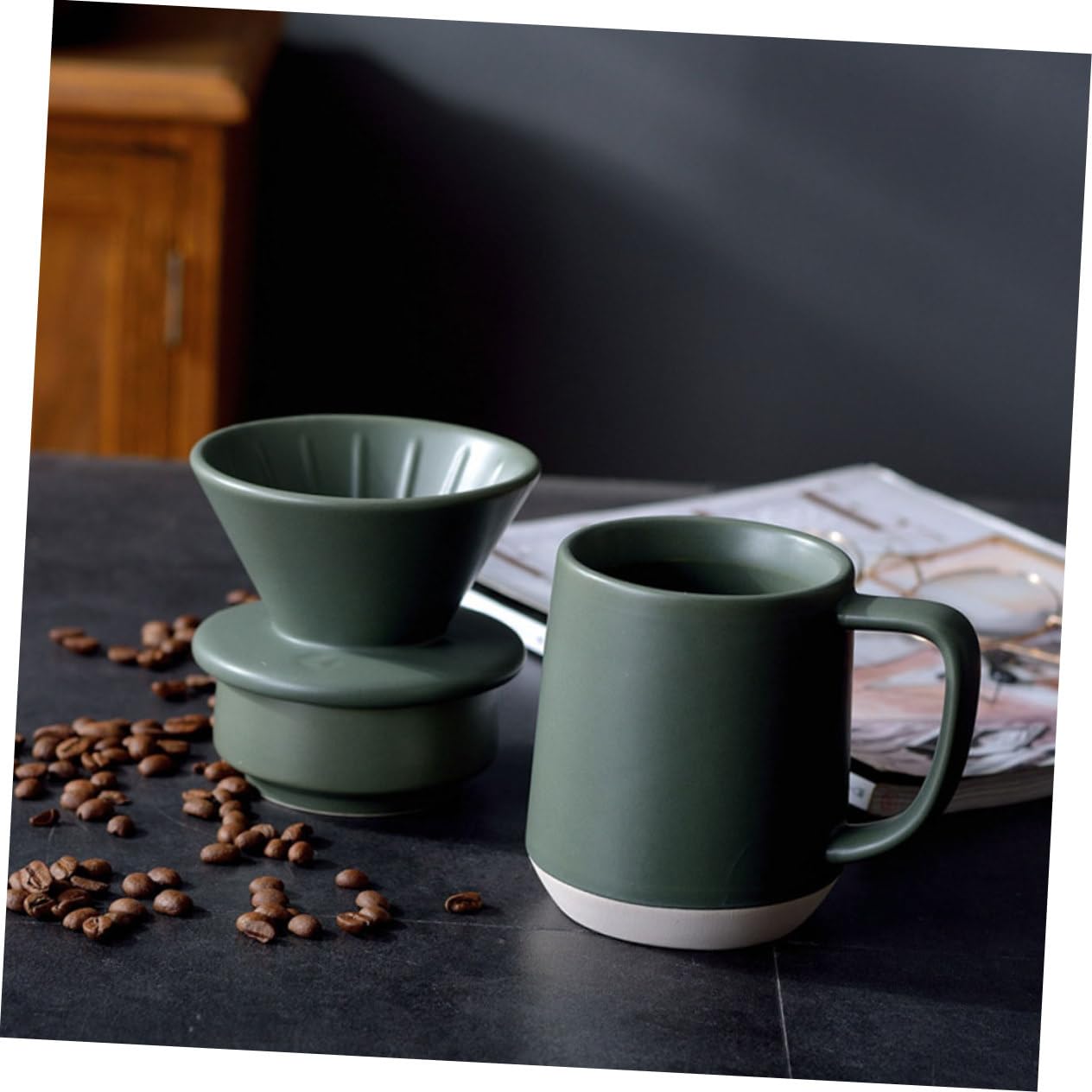 Taza de Filtro de Café y Leche de Cerámica Verde, Reutilizable y Ligera, Apta para Hogar y Viaje, Juego 1 Unidad, Uso Diario y Oficina