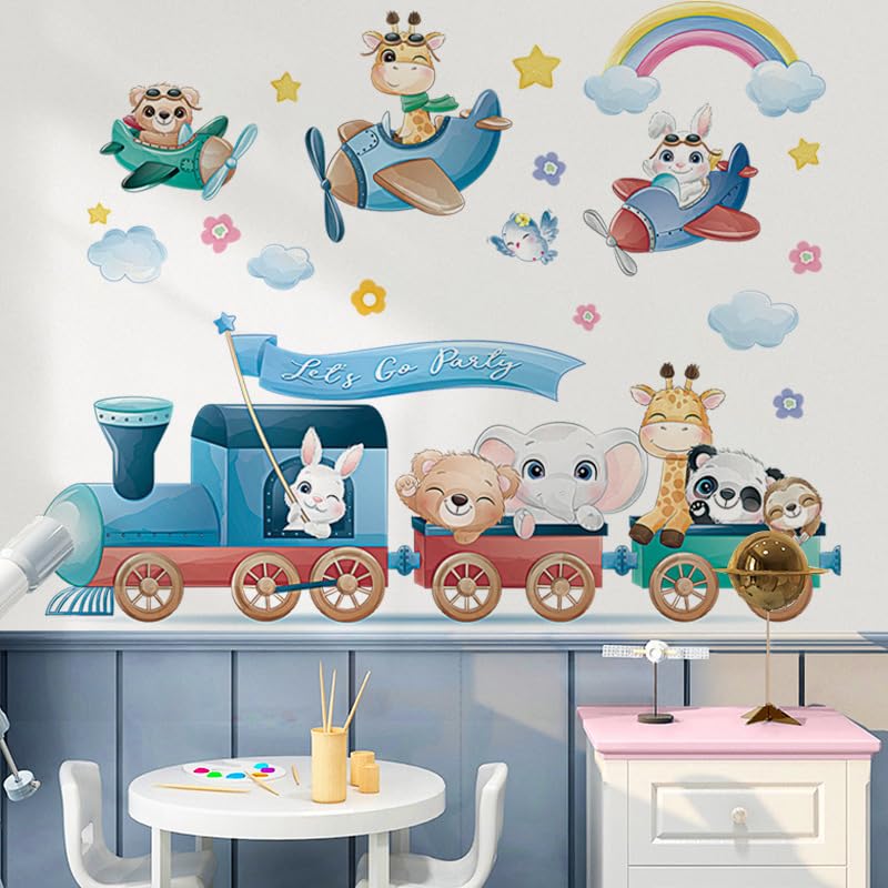 FUFUQUARE Cartoon Animal Train Wall Stickers Colorful Airplane Elephant Giraffe Rabbit Wall Art Decals Removable DIY Vinyl Decor for Baby Kids Bedroom Living Room - Image 2