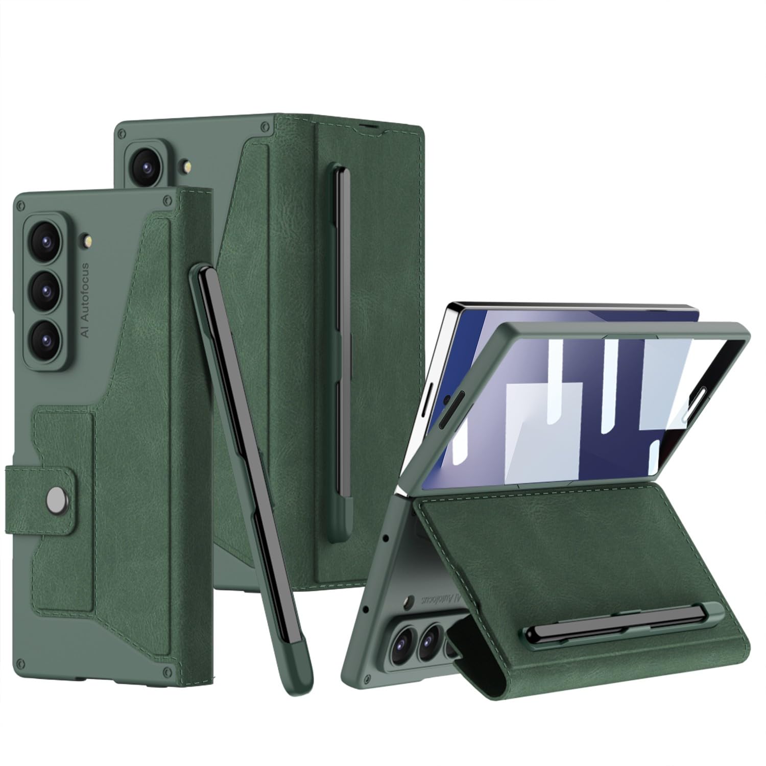 Étui portefeuille Galaxy Z Fold 5 cuir antichoc rabat magnétique vert