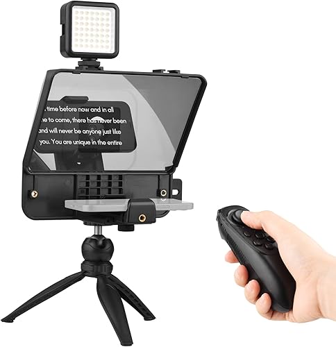 Andoer A10 - Kit de teleprompter portátil para smartphone DSLR con soporte para teléfono, luz de llenado LED, trípode de mesa, control remoto para