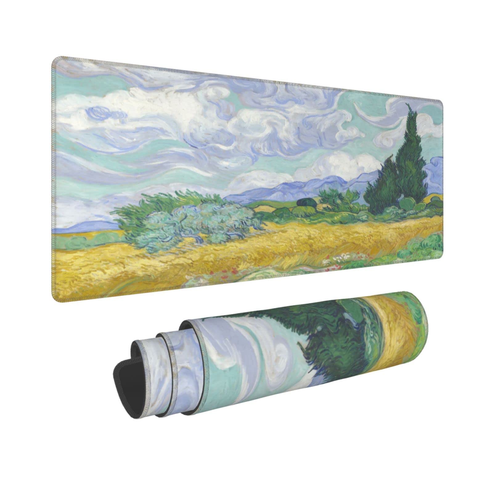 Van Gogh Wheat Field with Cypresses Mouse Pad Extended Large Gaming Mousepad XL Big Long Oversized Desk Mat Stitched Edges 31.5 X 11.8 Inch for Home Office