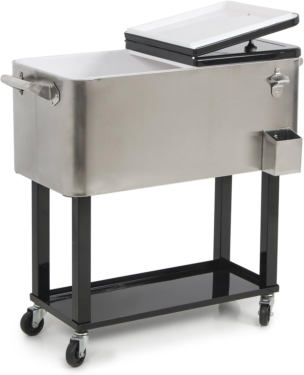 BELLEZE 80-Quart Portable Rolling Ice Chest Cooler Cart Patio Party Drink Ice, Stainless Steel
