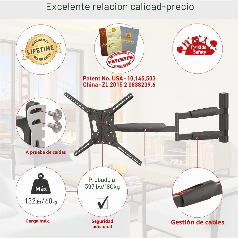 Barkan Soporte TV de Pared 102cm de Largo Inclinable y Giratorio, Articulado para Pantallas de 13-86 Pulgadas, Peso máximo 60Kg, Ultra Extensible, para LED OLED LCD, hasta VESA 600x400