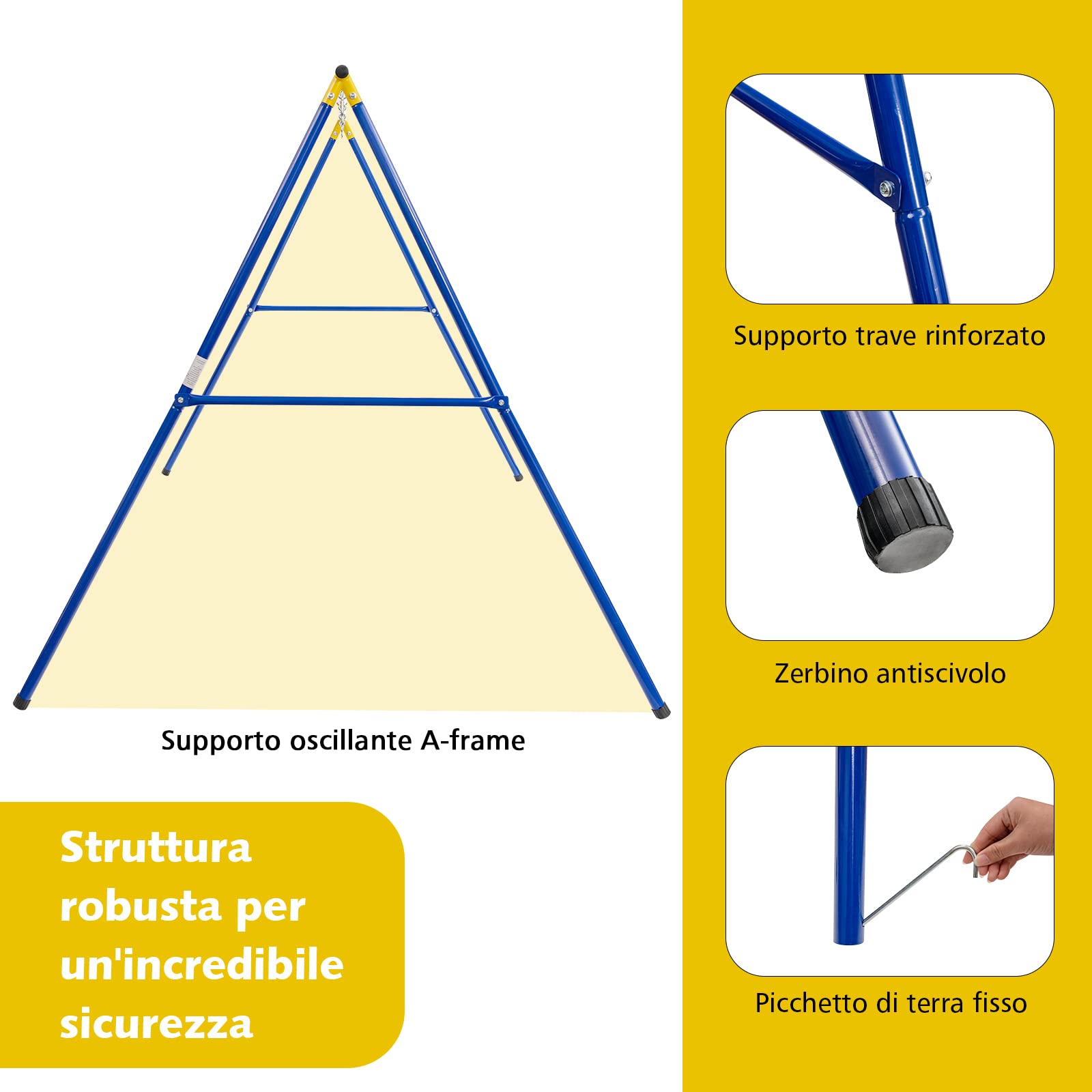 GYMAX Altalena da Giardino per Bambini 3+ Anni, 250 x 185 x 182 cm, Carico 300kg, Struttura per Altalena in Metallo, 4 Chiodi, 4 Copripiedi Antiscivolo, Interni & Esterni