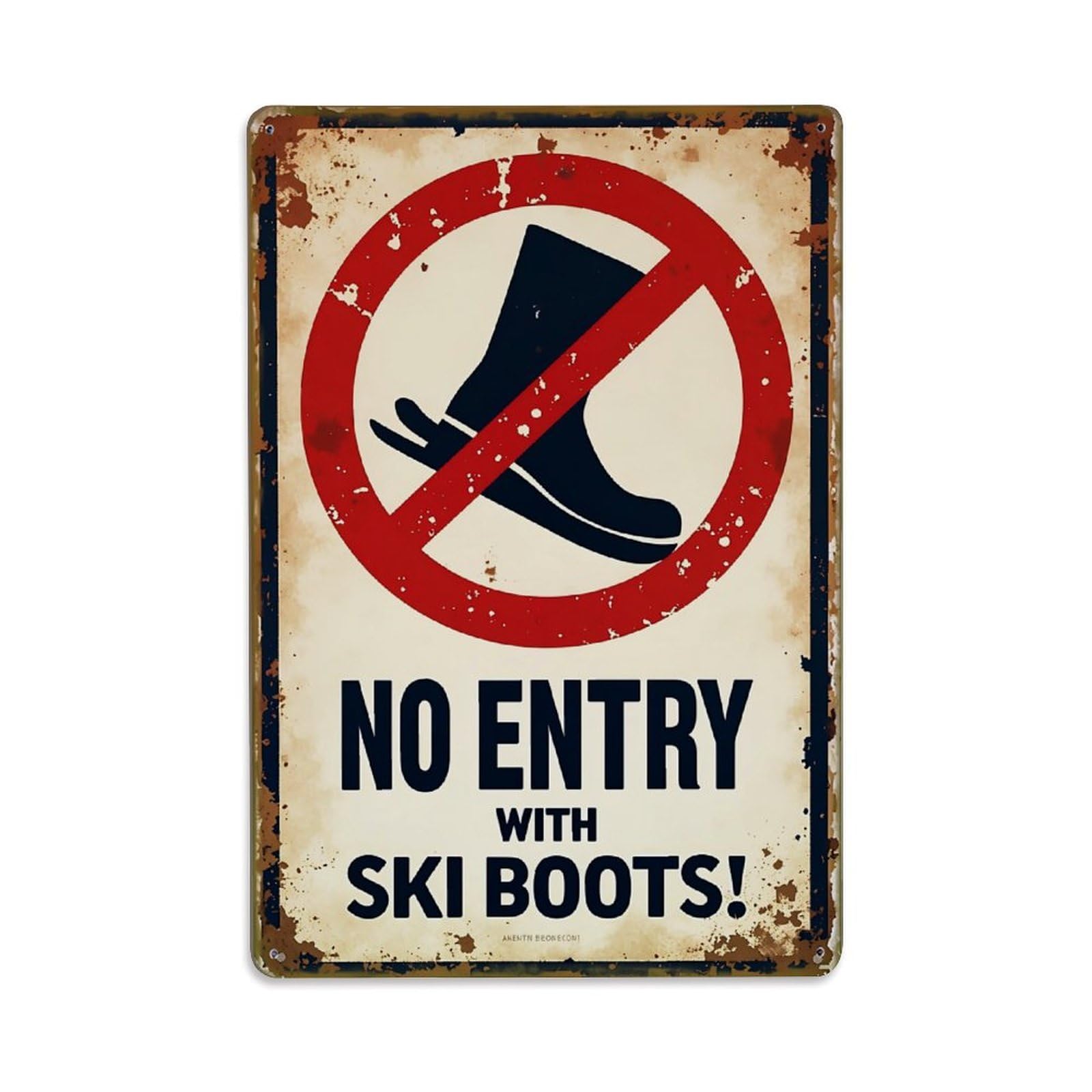 No Entry With Ski Boots Retro Metal Tin Sign, Vintage Decor Art Poster for Bar, Home, Man Cave, Kitchen, Laundry Room Gift 8x12Inch