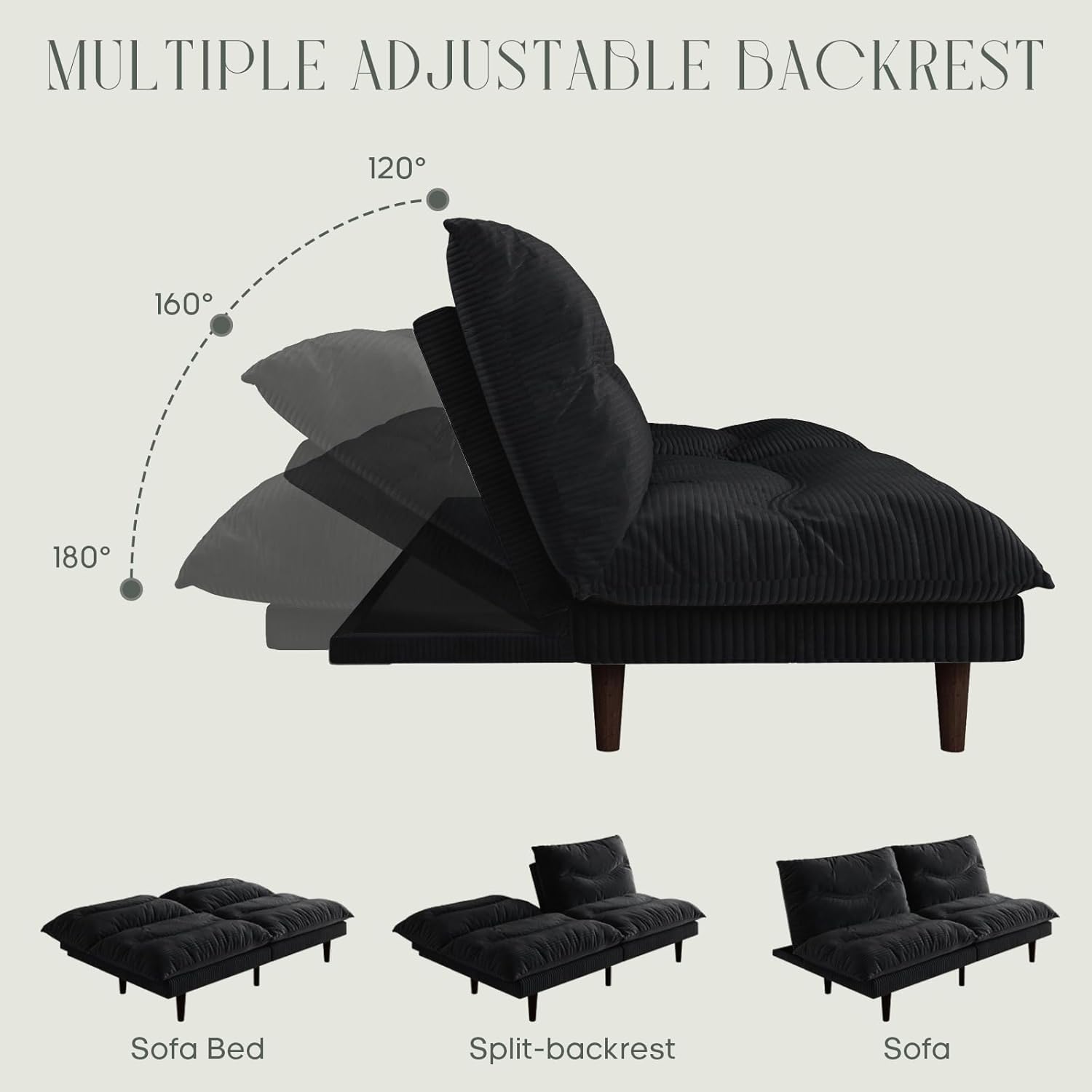 DreamDashio Futon Sofa Bed, 69 inch Futon Couch with Adjustable Backrest, Corduroy Convertible Sleeper Sofa Bed, Folding Sleeper Recliner for Apartment, Living Room, Office, Black