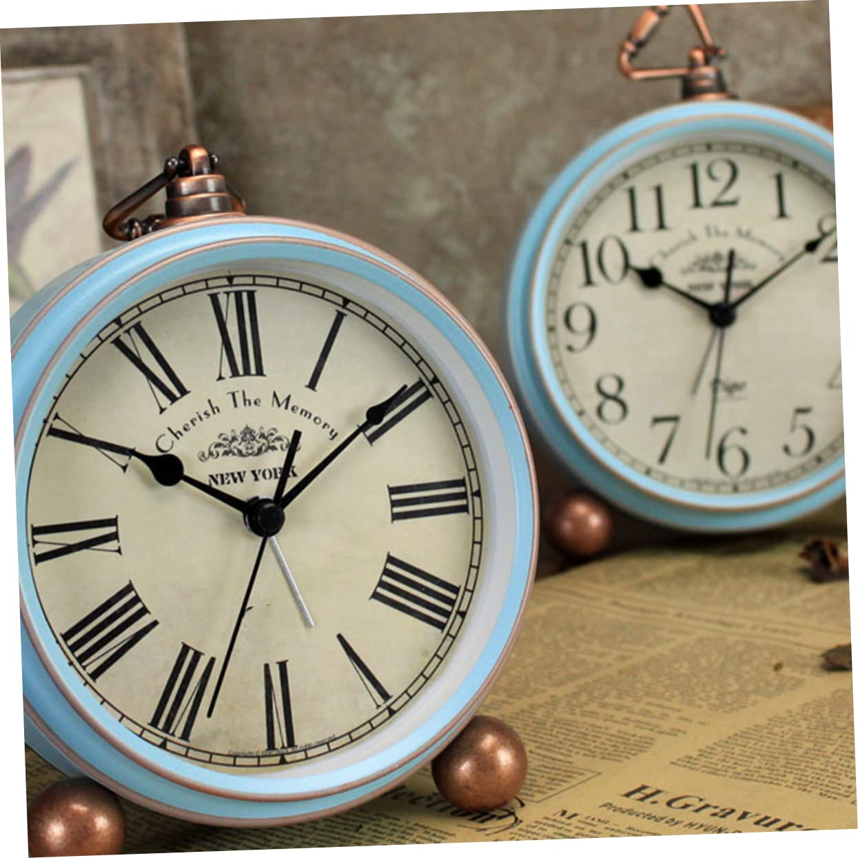 Reloj Despertador Retro Vintage Azul de Mesa de Metal para Escritorio