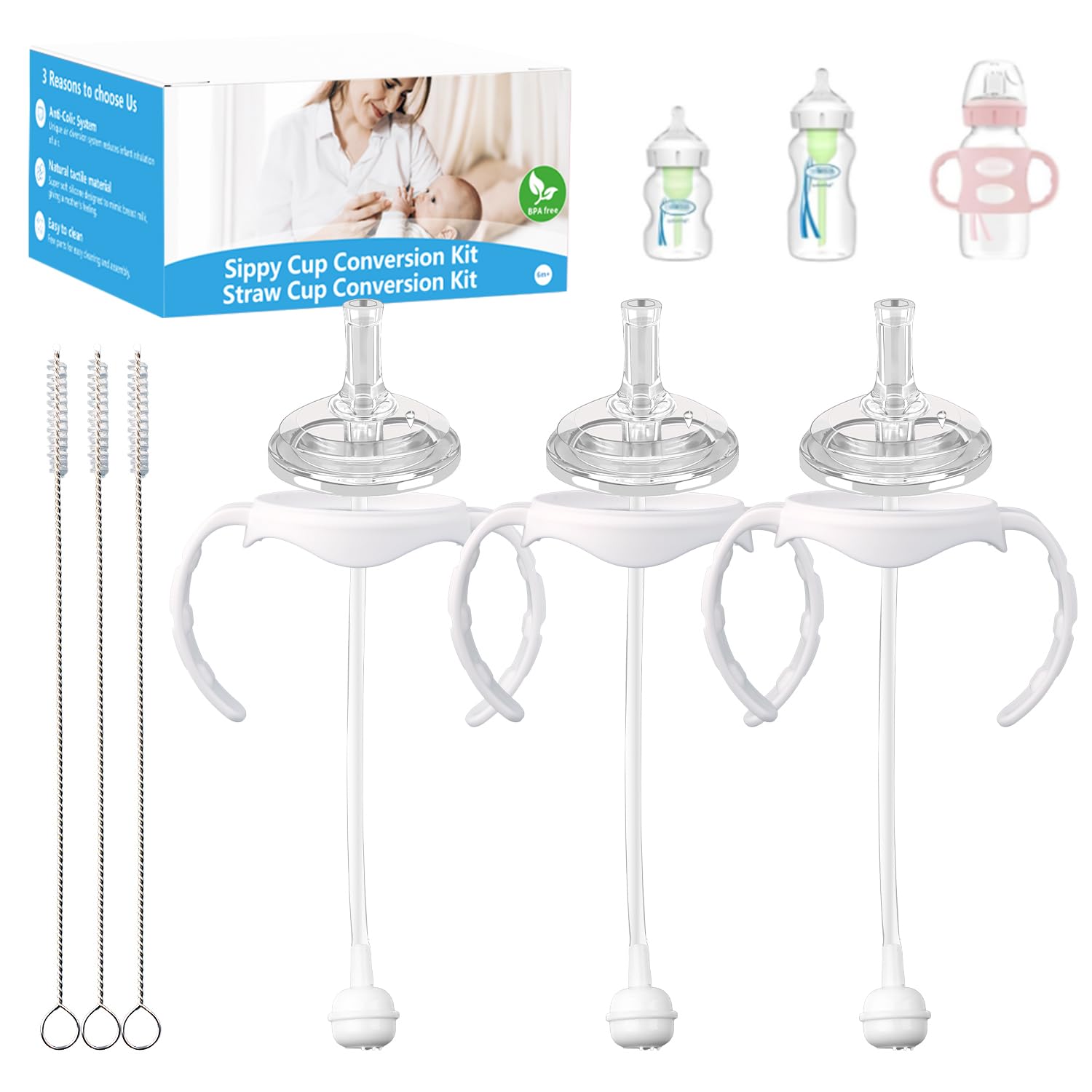 Photo 1 of ?Straw Cup Conversion Kit Compatible with Dr. Brown's Wide-Neck Baby Bottles,Toddler Transition Kit with Soft Straw Nipple,Bottle Handles,Storage Bottle Caps (Model 2)