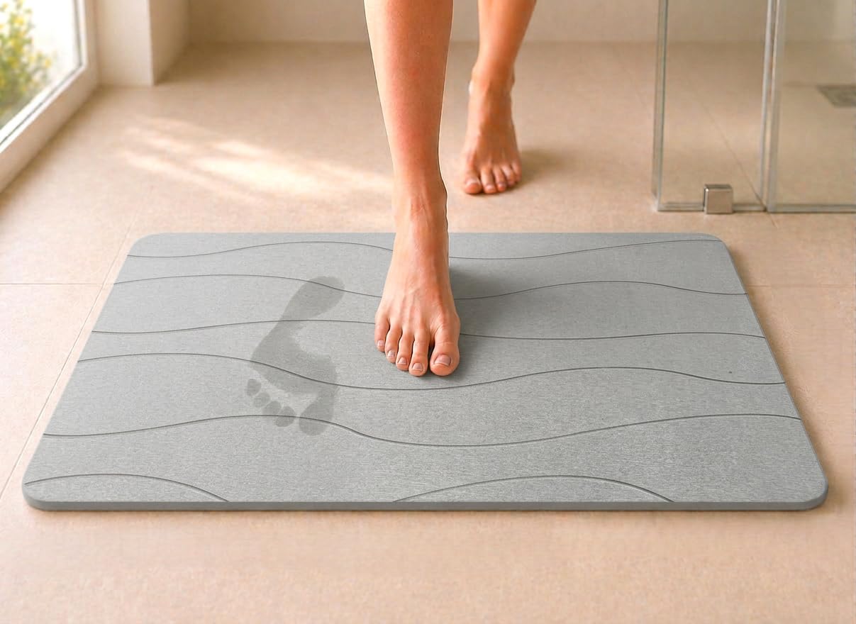 edihome, Alfombra Diatomita Baño, 40x60 cm, Alfombra de Piedra, Secado Rápido, Antideslizante, con Lija, Alfombrilla Rígida Absorbente, Antimoho, para Ducha y Baño (Gris Claro)