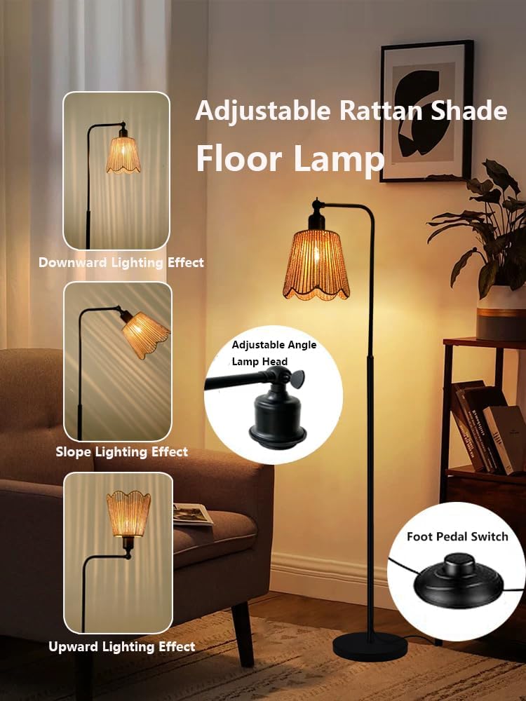65" Tall Floor Lamp for Living Room, Boho Floor Lamp with LED Bulb, Foot Switch, Rattan Shade, Industrial Farmhouse Standing Lamp for Bedroom, Dining Room, Study Room, Office