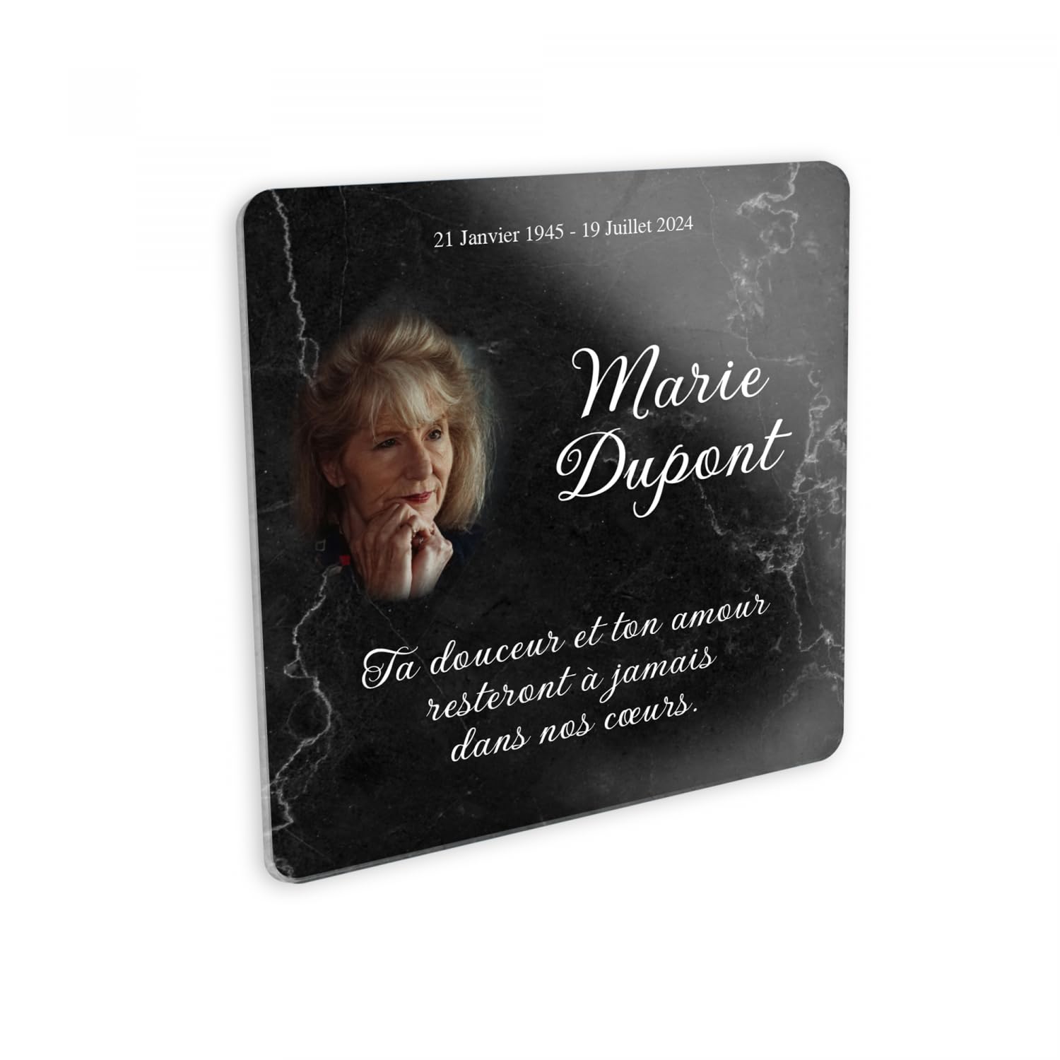 Placa funeraria personalizable para Columbarium plexiglás con foto del difunto, diseño de mármol negro, tamaño 15 x 15 cm