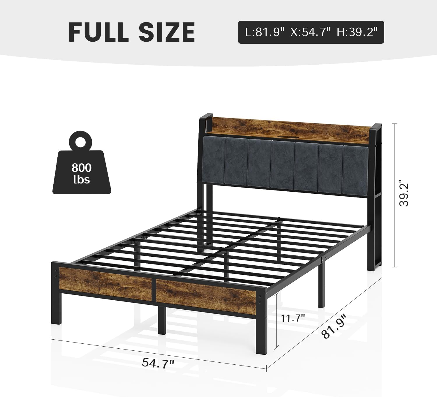 Full Size Bed Frame with Smart LED Light, Wood Storage Charging Station Headboard, Metal Platform Bed, No Box Spring Required, Easy Assembly, Noise Free - Image 2