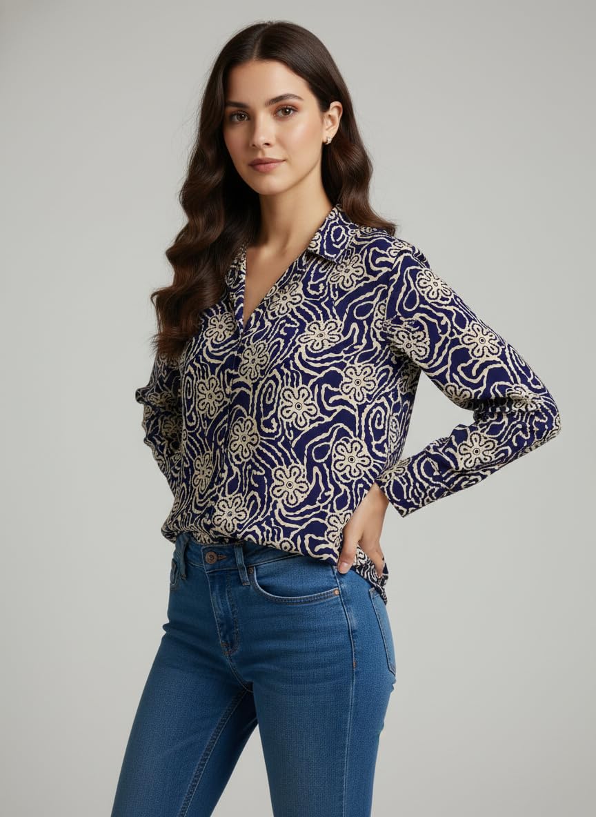 ANNI Designer Bedrucktes Damenhemd aus Baumwollmischgewebe, langärmelig, normale Passform, Hemdkragen, legere Bürokleidung, elegante Western-Kleidung für den Alltag, Hochzeit, Party