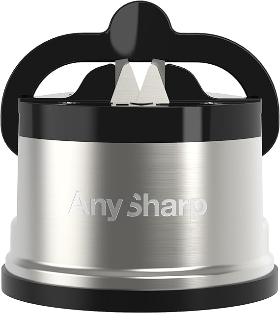 AnySharp Pro Metalowa Ostrzałka do Noży, Bezpieczne Użycie Bez Używania Rąk, Przyssawką, Bezpieczne Ostrzenie Wszystkich Noży Kuchennych, do Stali Hartowanej i Ząbkowanych, Kompaktowe, Srebrne