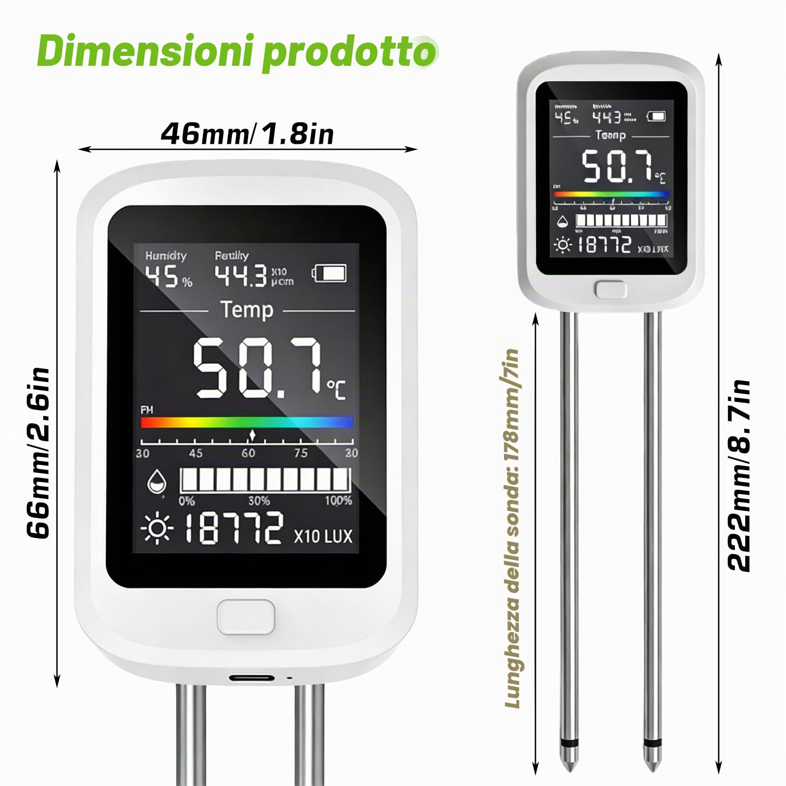 PORFOYO Tester PH Sol 6 in 1, tester di umidità e valore PH digitale con temperatura, luce, fertilità, display LCD per giardino, fattoria, prato e piante
