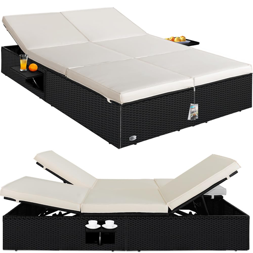 CASARIA® Tumbona Doble Jardín 200x115cm 2 Mesas Plegable Cojín Poliratán Resistente Intemperie 7 Posiciones Negro Crema