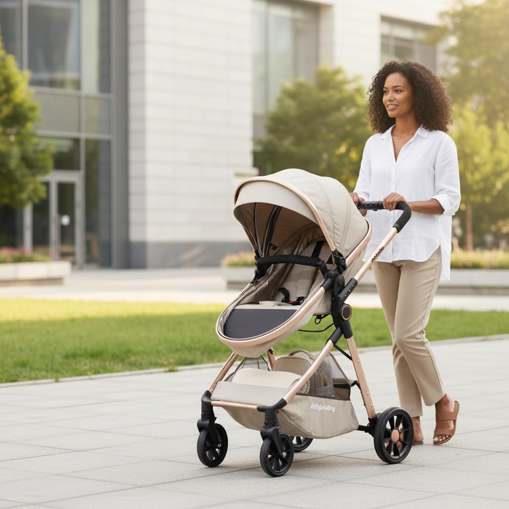 Passeggino 2 in 1 con navicella, compatto, pieghevole, protezione UV (crema