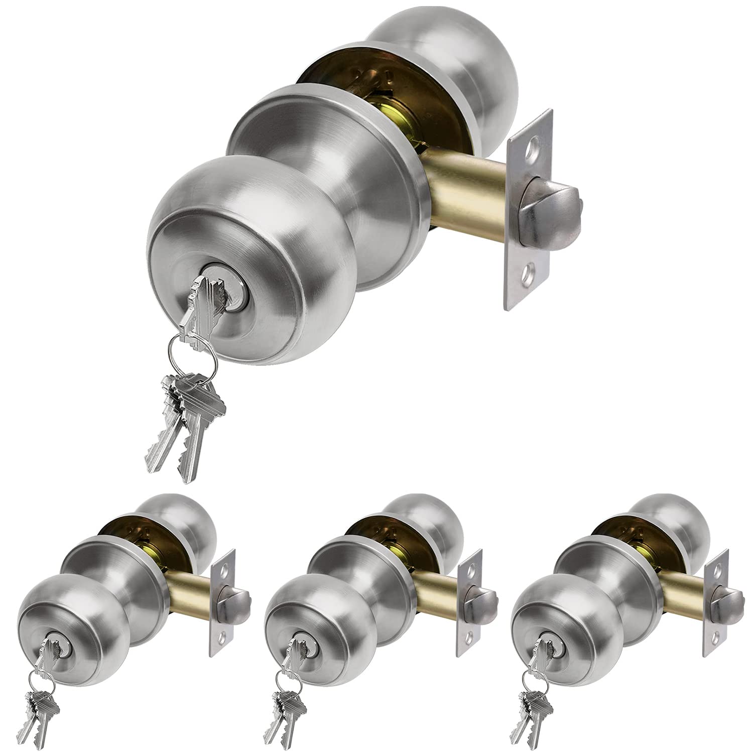 (4 Pack) CML Hardware Entry Door Knob with Lock and Different Keys, Exterior Door Lock for Entrance and Front/Back Door, Stainless Steel