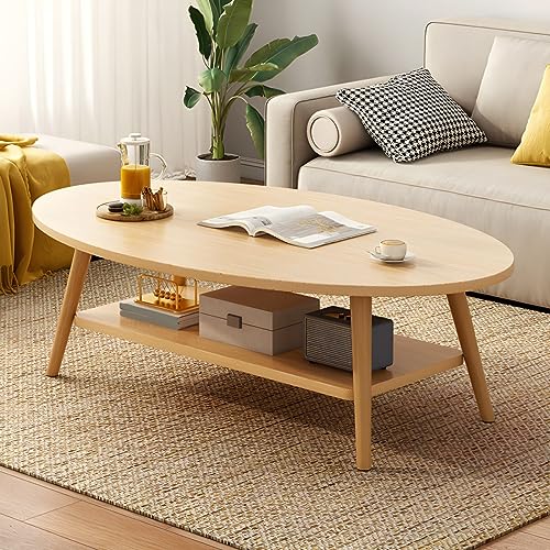Mesa de centro contemporánea de madera ovalada, tamaño estándar, ideal para apartamentos, sala de estar, con acabado natural, diseño elegante para sofá y balcón